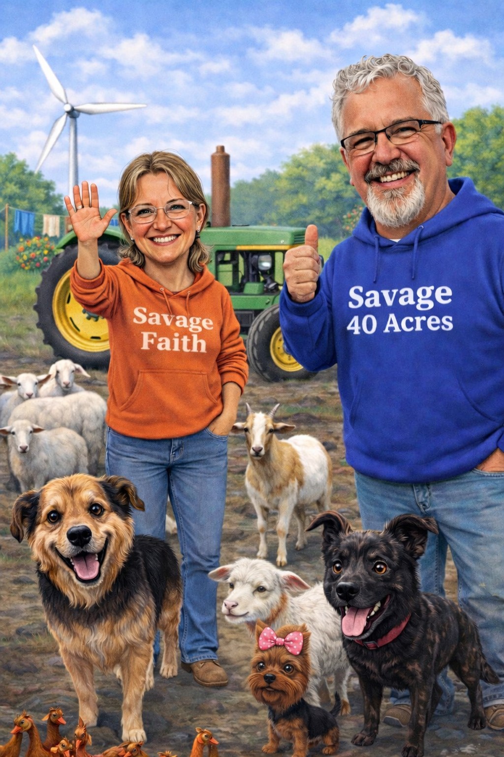 caricature of Lynn and Kelly Savage on the farm